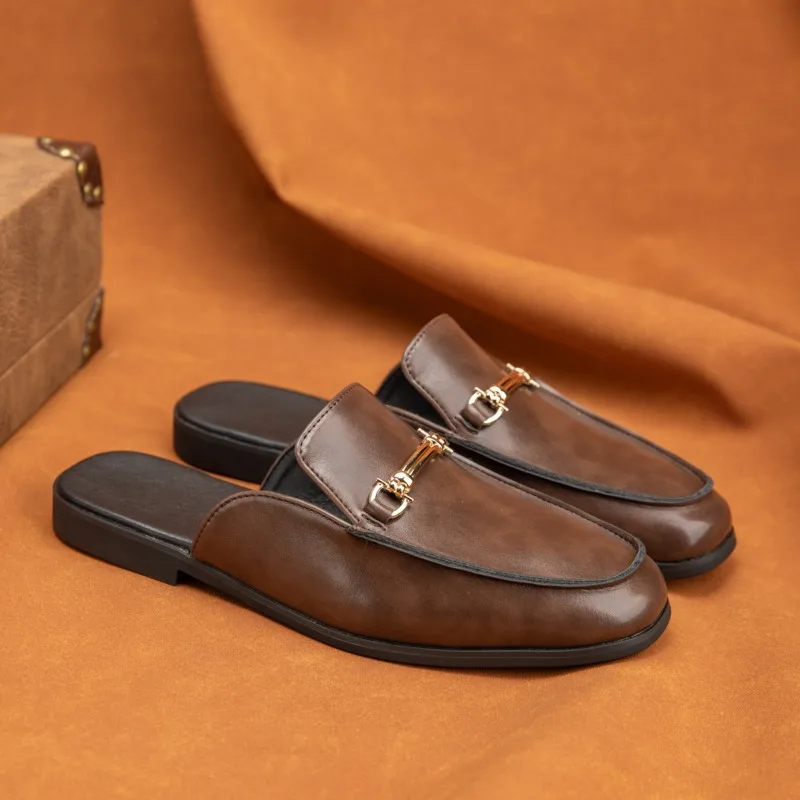 2026 New Mens Summer Backless Leather Loafers Half Slippers Breathable Open Back Casual Mules Driving Shoes Black Brown Gift