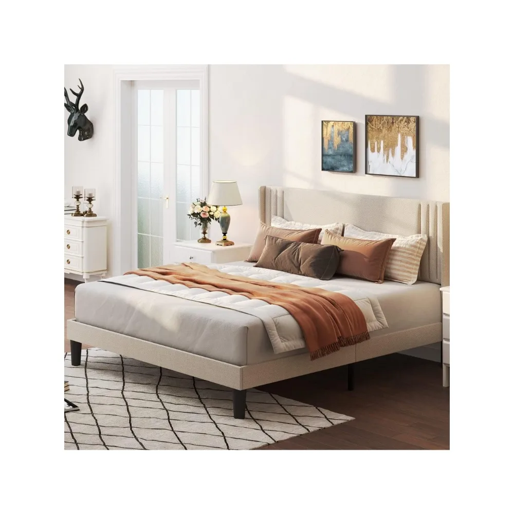 Upholstered Platform Bed With Modern Geometric Headboard No Box Spring Needed Noise-Free Bed Bases & Frames Wooden Slats Frame