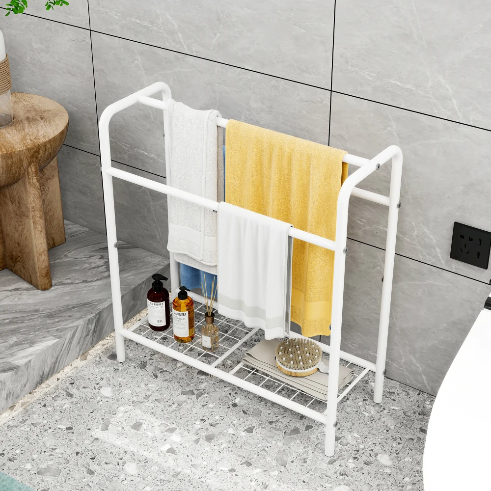 

Freestanding 3 Tier Metal Towel Rack White Storage Display Rack Space Saving for Bathroom Bedroom Swimming Pool