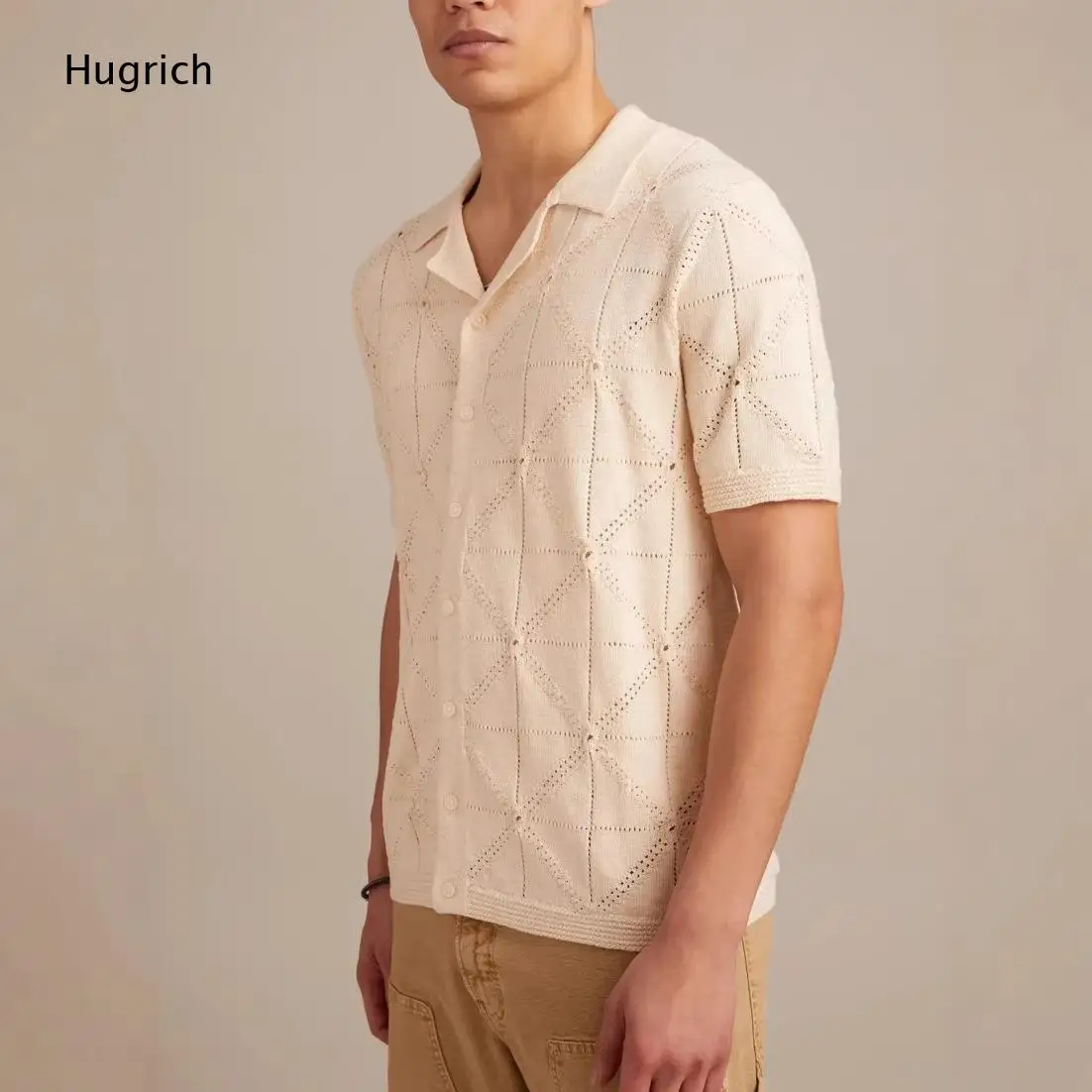 Openwork Mesh Triangle Pattern Lapel Collar Lightweight Vacation Golf Daily Casual Knit Overshirt