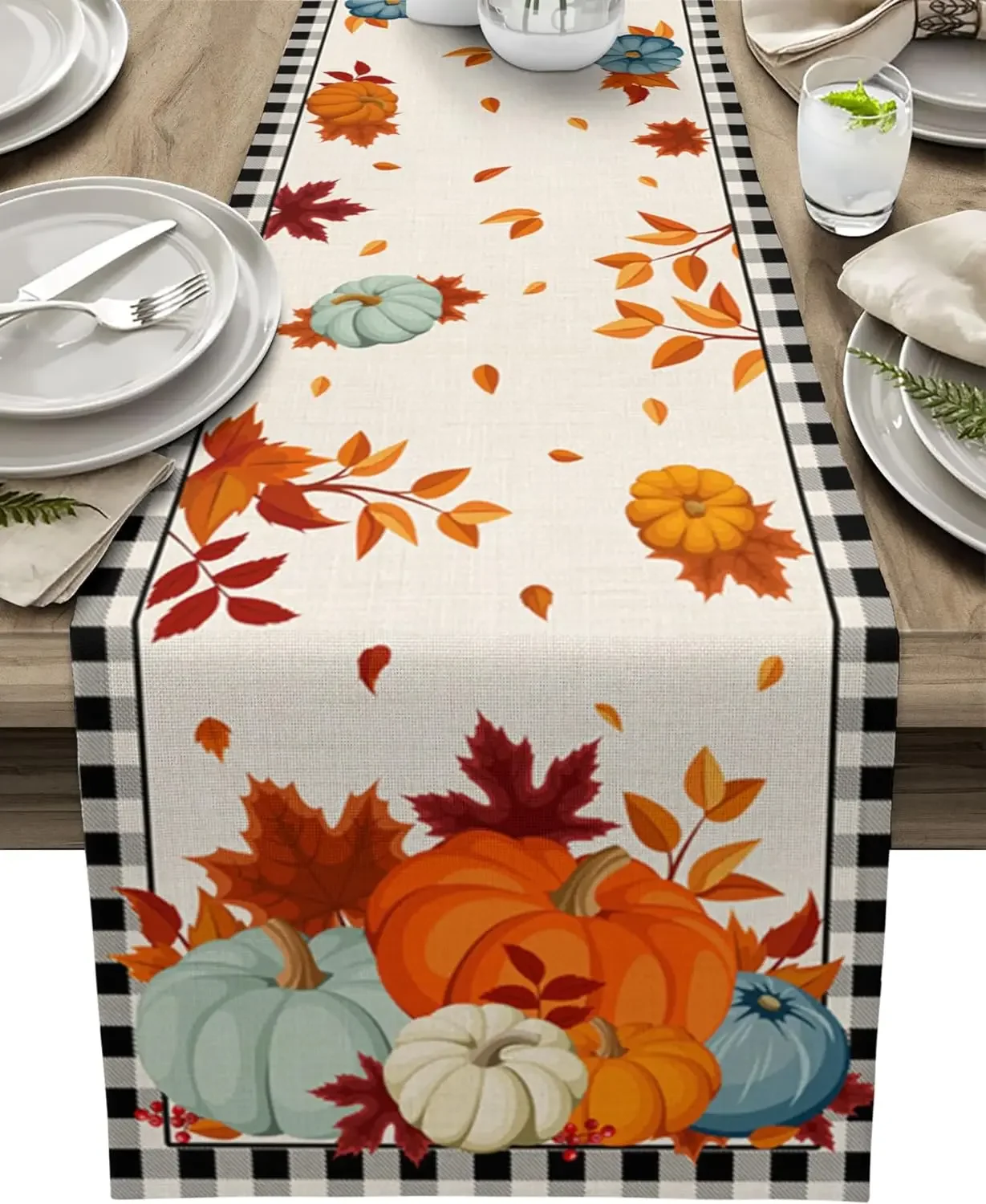 1Pc Autumn Pumpkin Leaf Print Table Runner Black White Checkered Border Table Cover For Dining Kitchen Party Decoration Tabletop