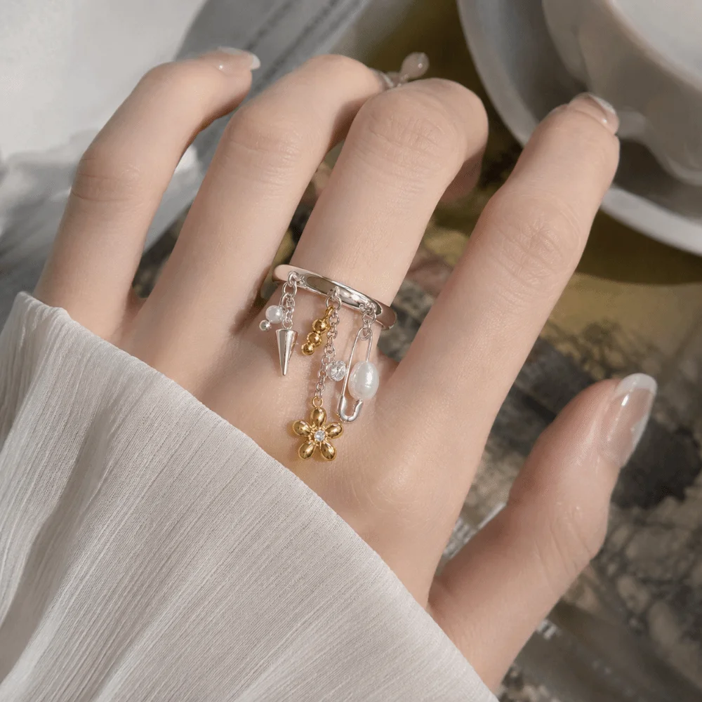 Y2K Exquisite Tassel Ring Waterproof Non Fading Stainless Steel Ring Trendy Stackable Pearl Flower Ring Women Accessory