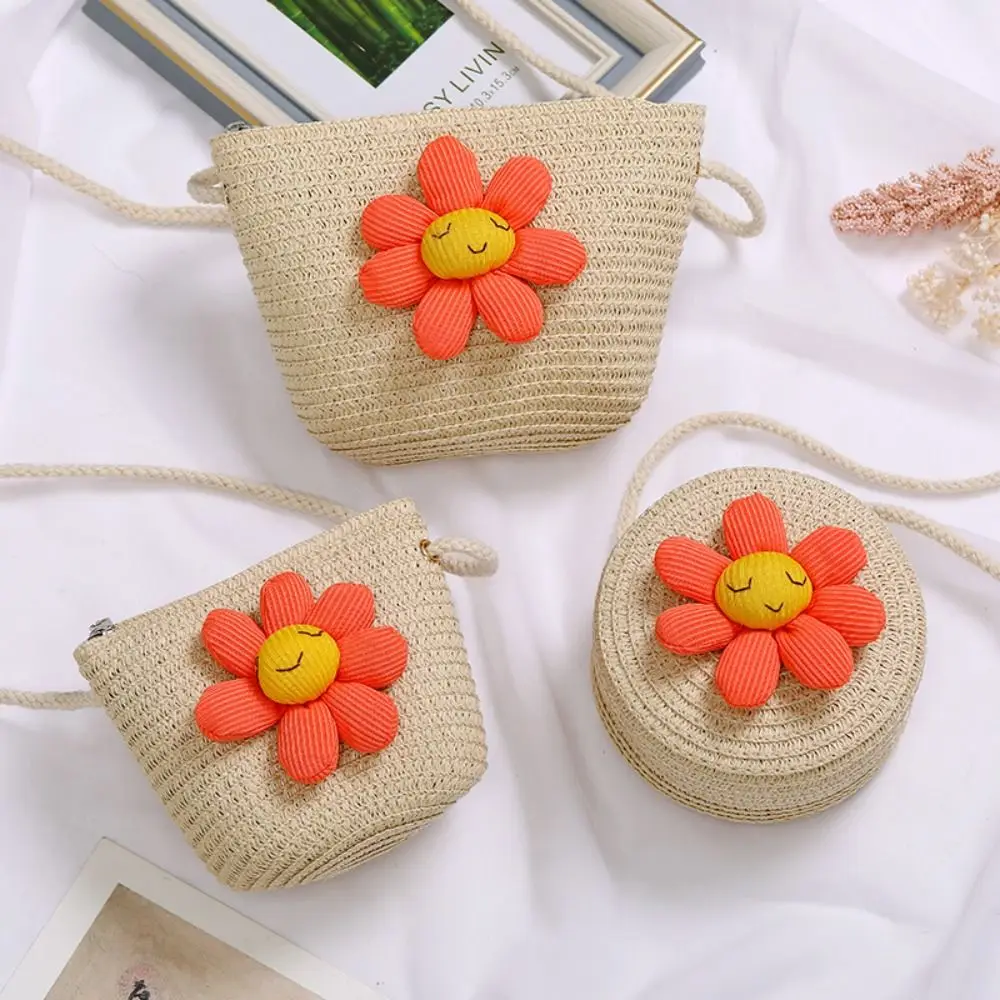 Girl Flower Straw Bag Cute Zipper Coin Purse Crossbody Handbag Handmade Woven Photo Props Kid Beach Bags