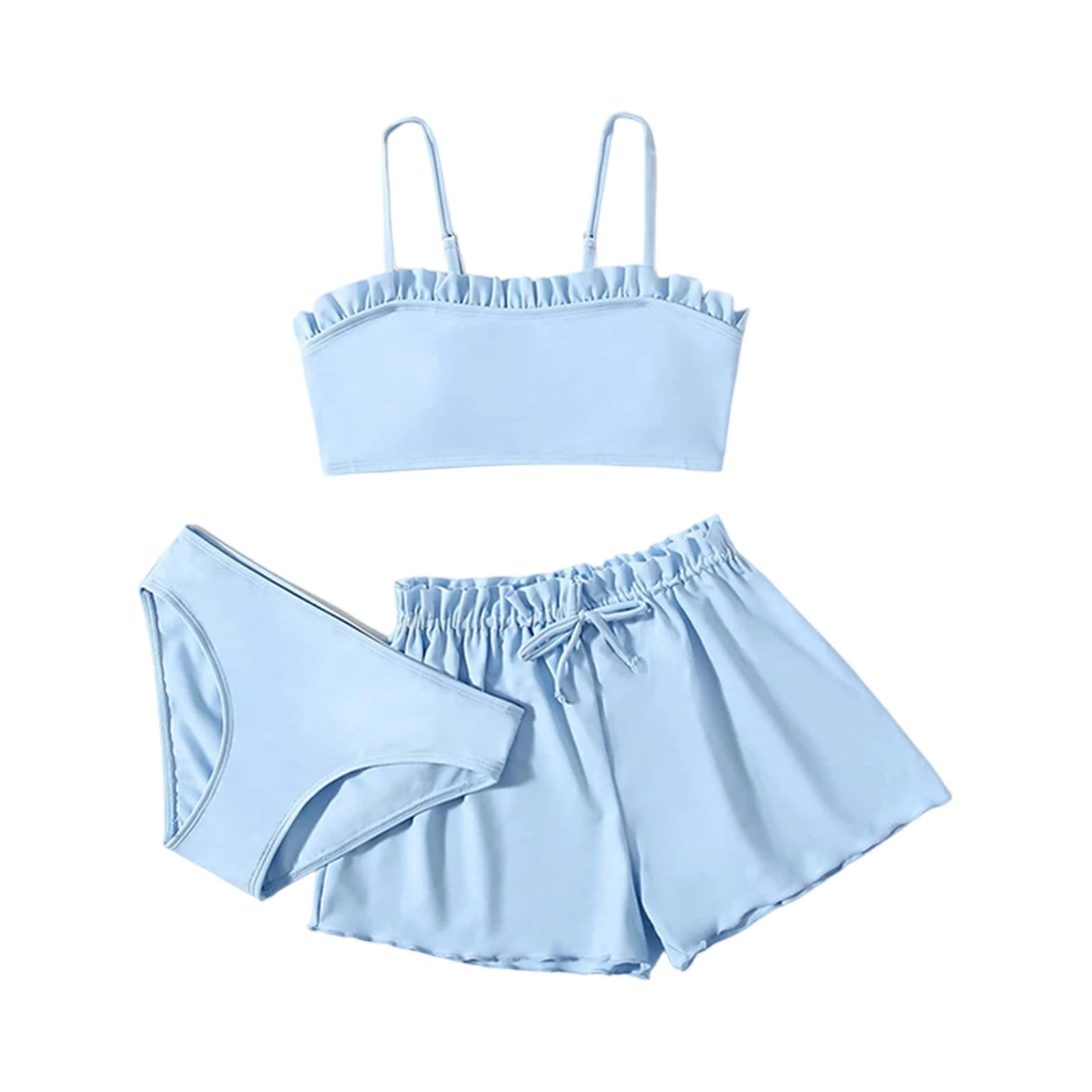 

Купальник для девочек – раздельный комплект из топа и плавок для подростков, летний модный раздельный купальник из трех частей, милый купальник с рюшами