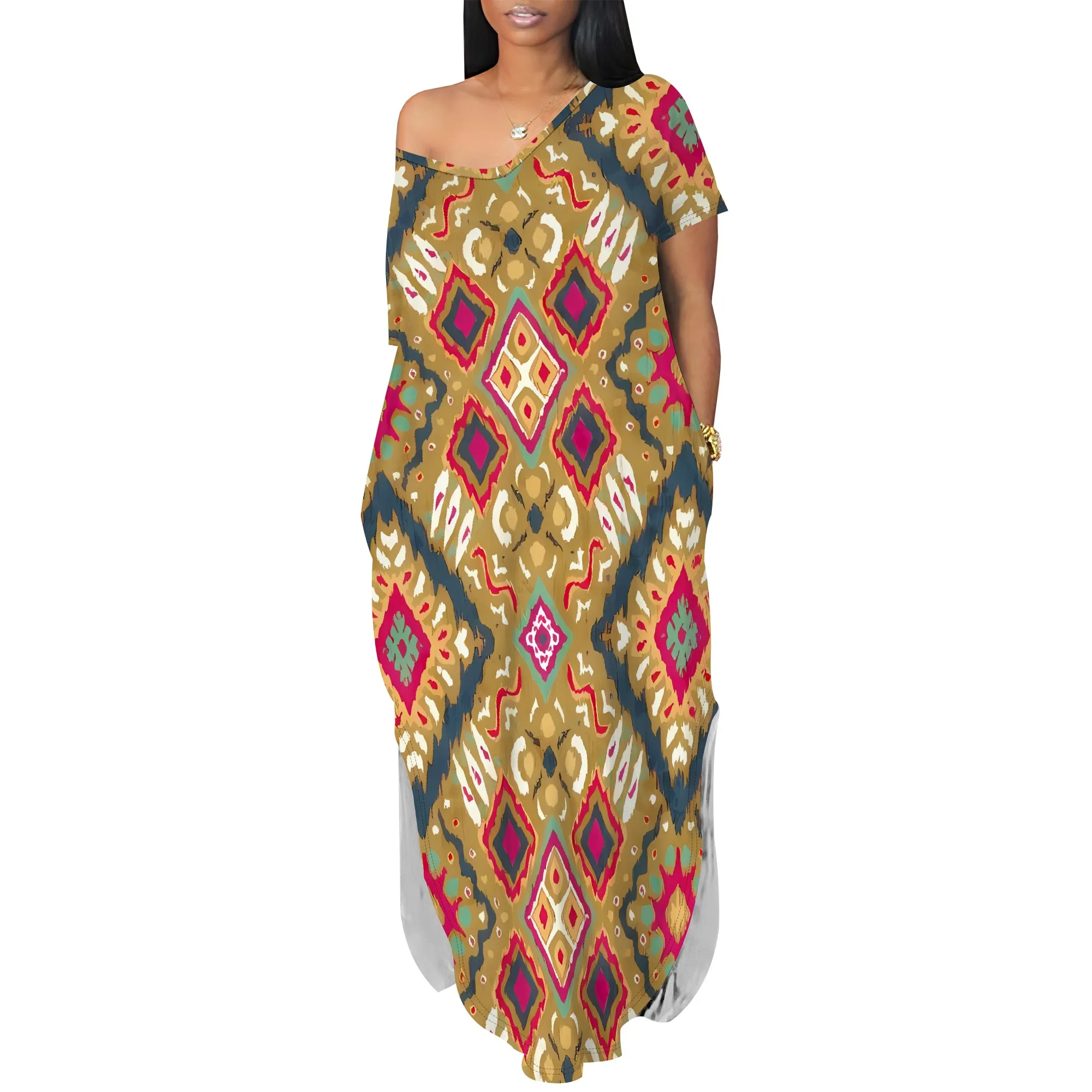 Nupusa Abito lungo da donna Boho con stampa etnica Abito lungo estivo casual con spalle scoperte e vestibilità ampia con tasche
