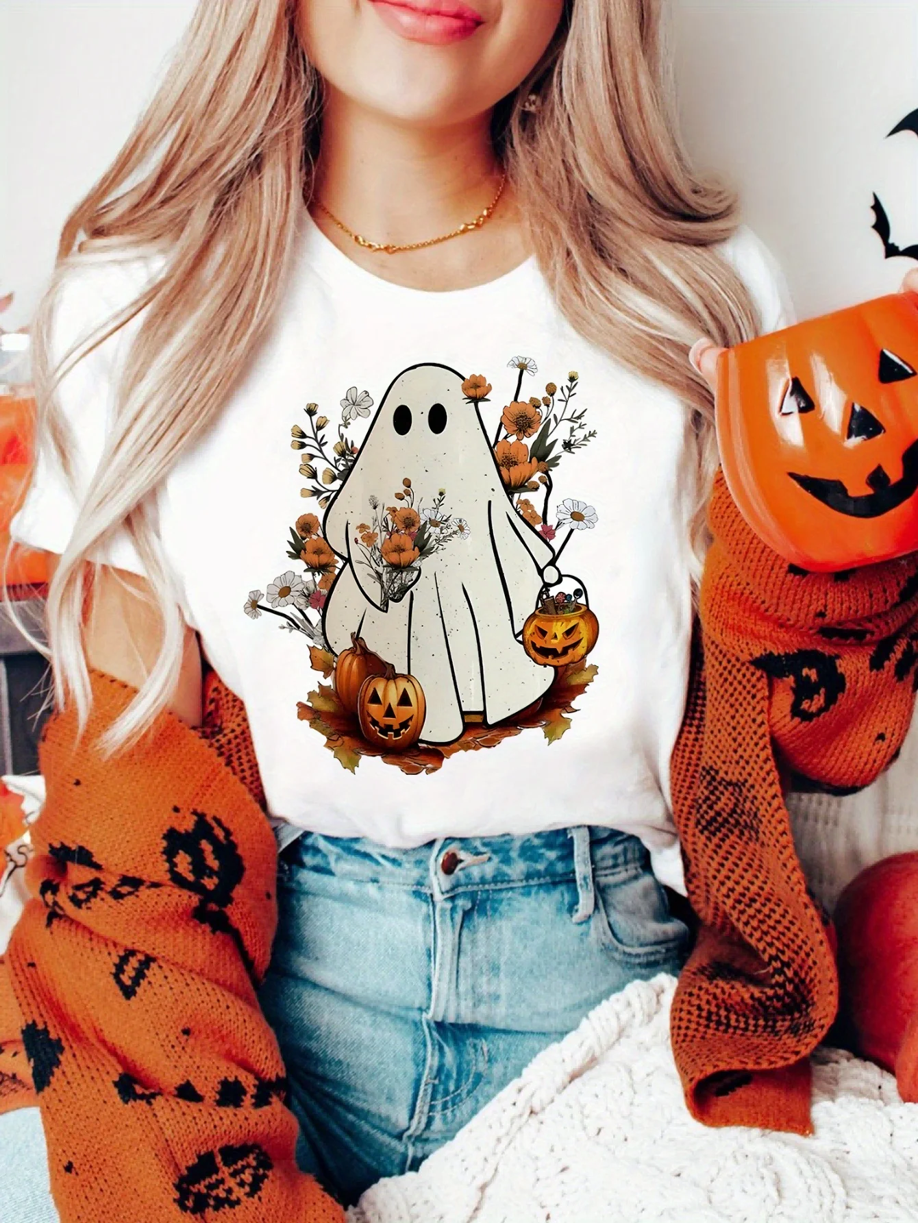 تي شيرت مطبوع عليه The Halloween Skeleton Pumpkin and Ghost كاجوال برقبة دائرية وأكمام قصيرة للملابس الجمالية لربيع وصيف