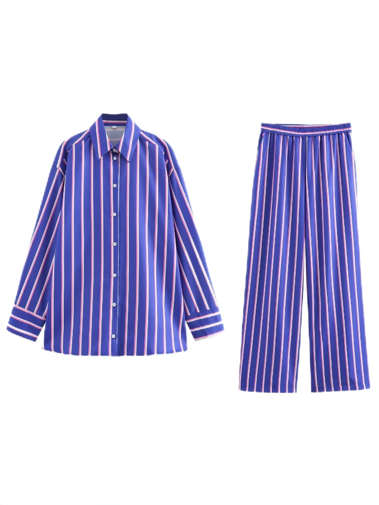 Women\'s Loose Striped Shirt Pant Set Lapel Long Sleeves Single Breasted Blouse High Waist Striped Straight Leg Pant New Chic Set