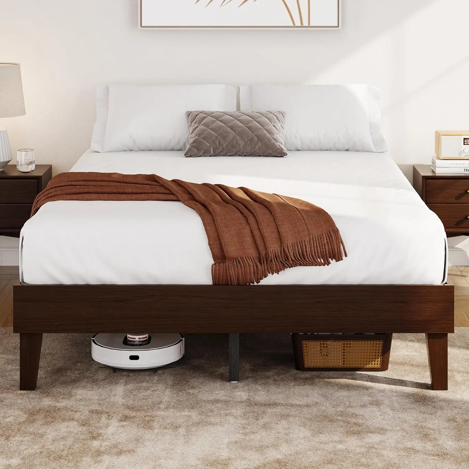 

Каркас кровати Queen-size из натурального массива дерева, платформенная кровать с деревянными ламелями, пространство под кроватью 7,3 дюйма, на заказ