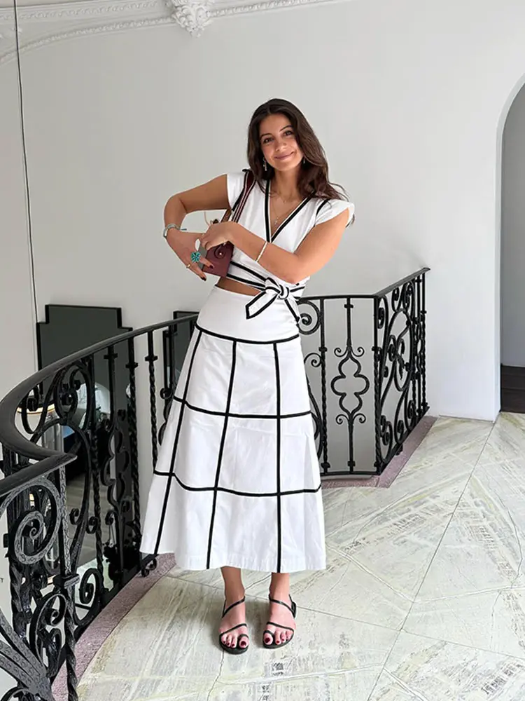 Elegant Contrast Striped Long Skirt Suits Women Chic V Neck Flying Sleeves Lace Up Crop Top Set 2024 Summer Lady Street Outfits