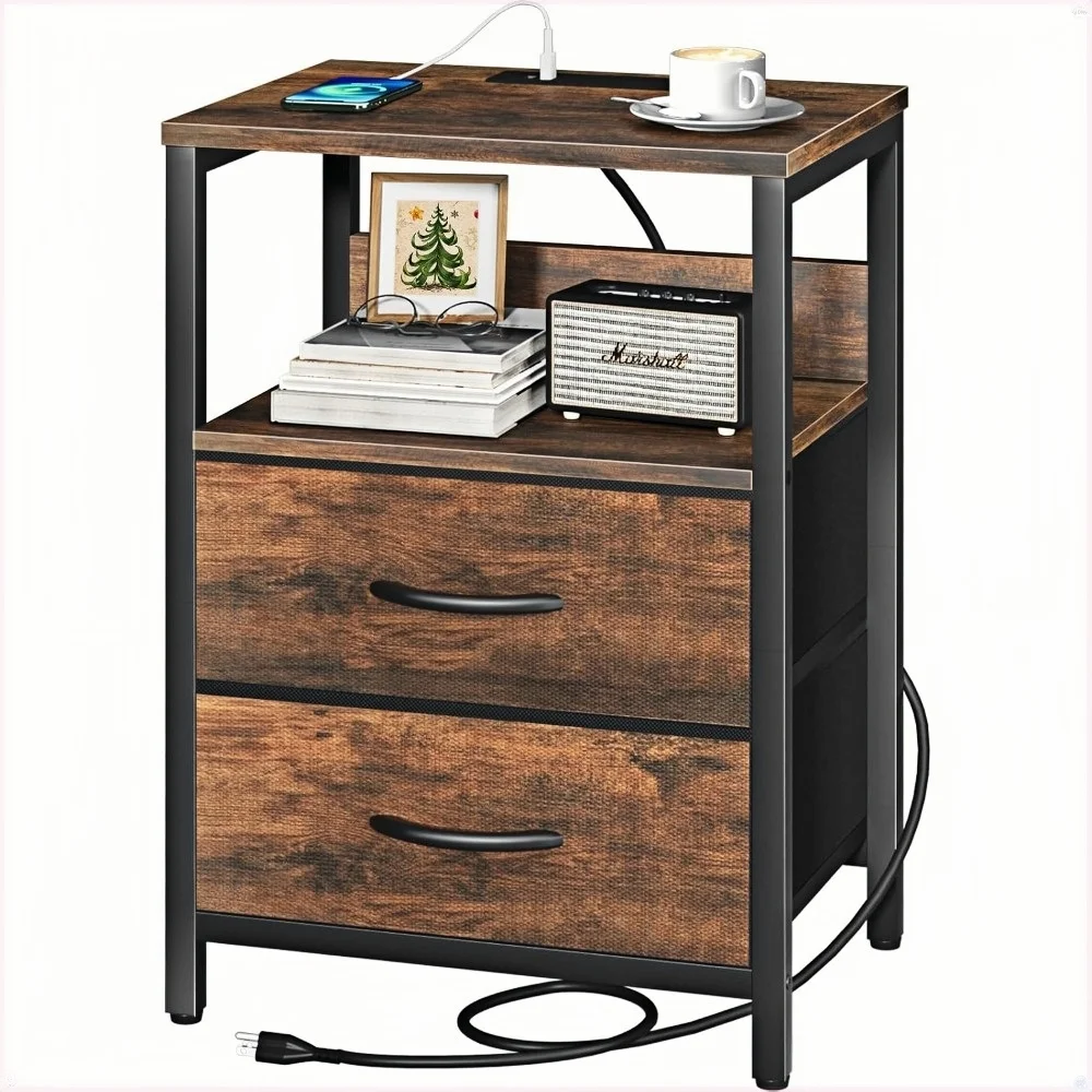 

Прикроватная тумбочка с зарядной станцией, маленькая прикроватная тумба с тканевыми ящиками, для небольших помещений, прикроватный столик с USB-портами и розетками