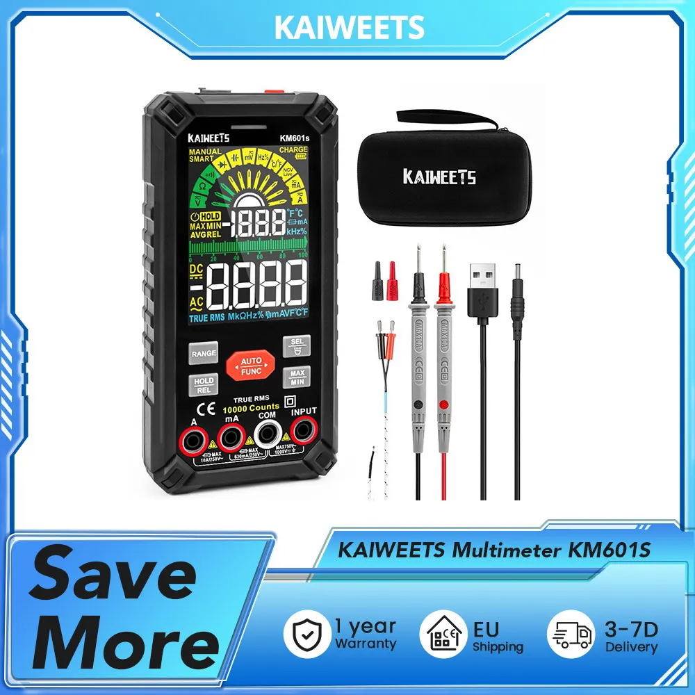 KAIWEETS KM601S Multimetro Modalità intelligente Misura automaticamente la tensione CA/CC Corrente CA/CC Schermo LCD a colori e torcia