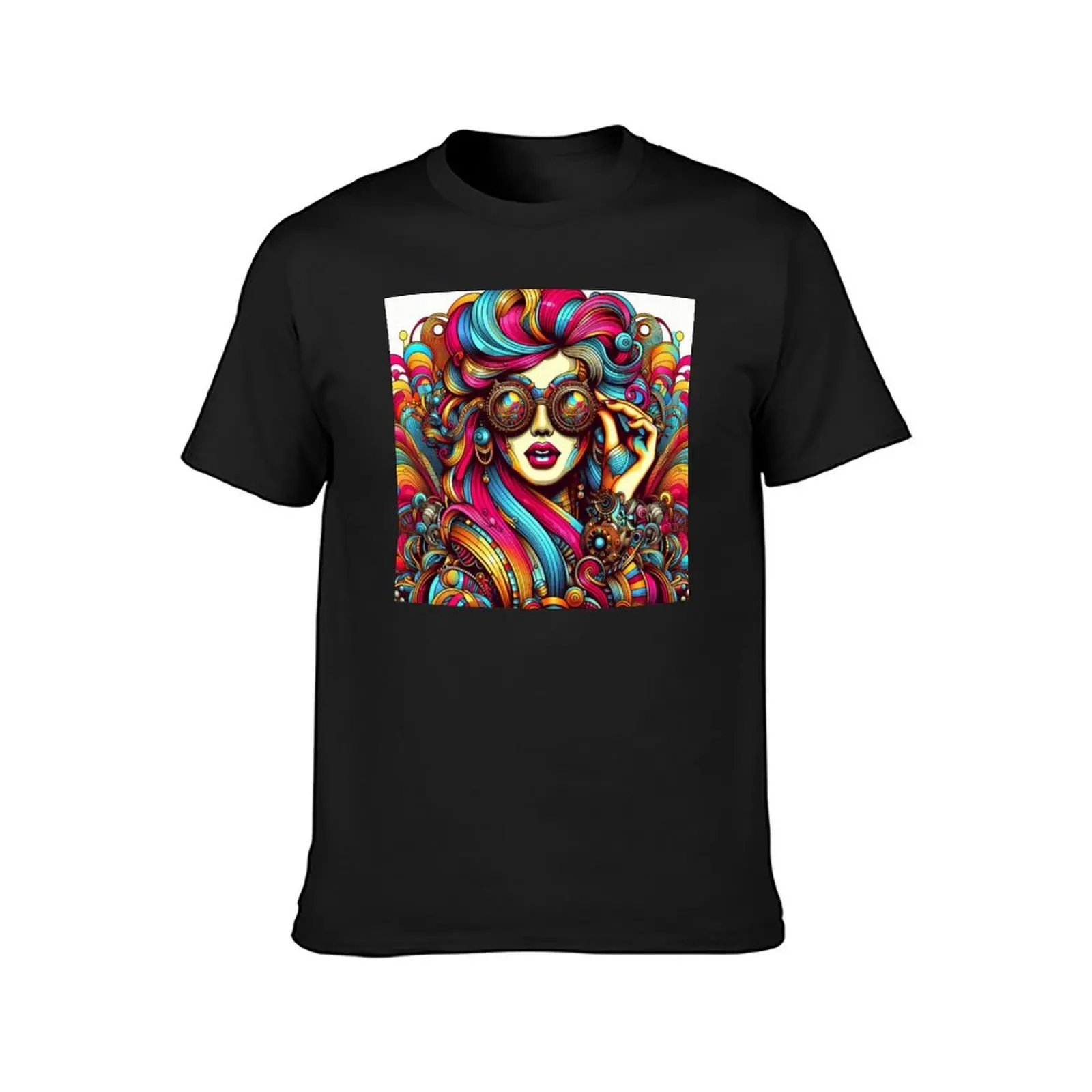 Gears Goggles Rainbow Steampunk Pop Art Nouveau Girl Drawing Illustration T-Shirt summer top mens t shirt