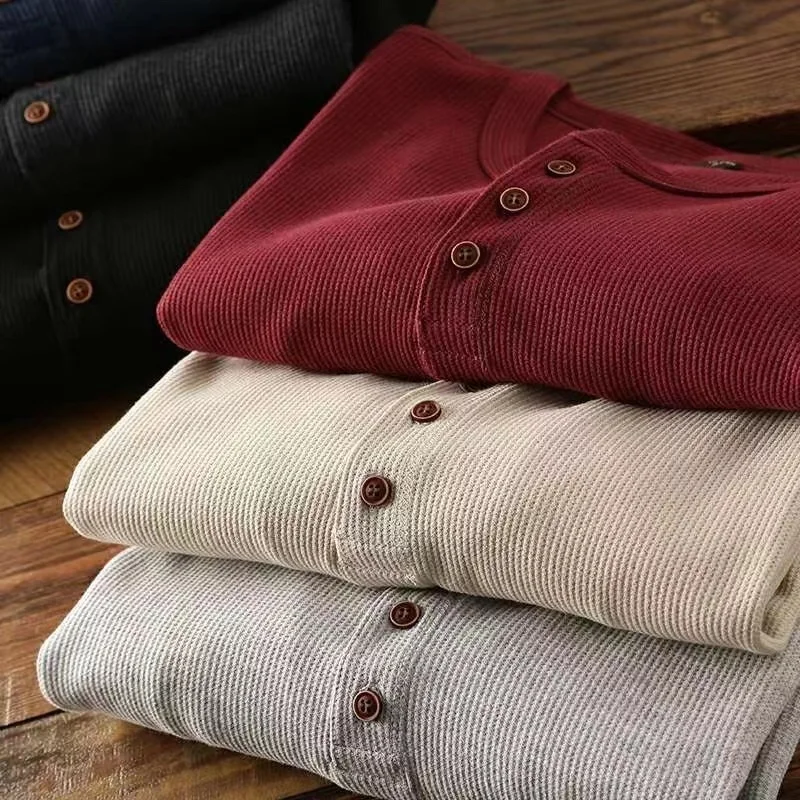 Slim Fit Mens Basic Tee Casual Tshirts Henley Waffle Long Sleeve Shirts Thermal Solid Half Button Breathable 100% Cotton Shirts