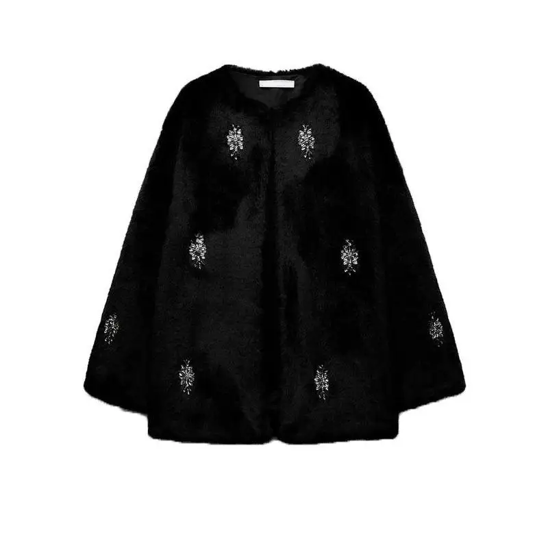 معطف شتوي فايون نسائي طويل مزين بالفرو من Jaet مصنوع من الجلد الاصطناعي معطف شارع Sle مستدير Ne تي شيرت بأزرار للإغلاق