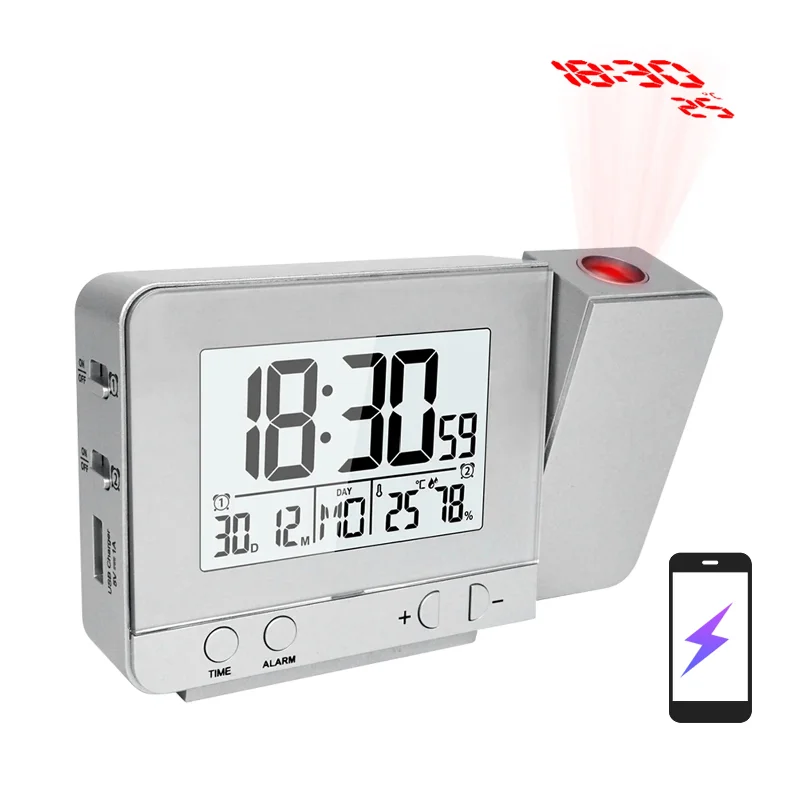Digital Projection Ceiling Clock Dimmable LED Display with USB Charger Alarm Clock For Bedroom