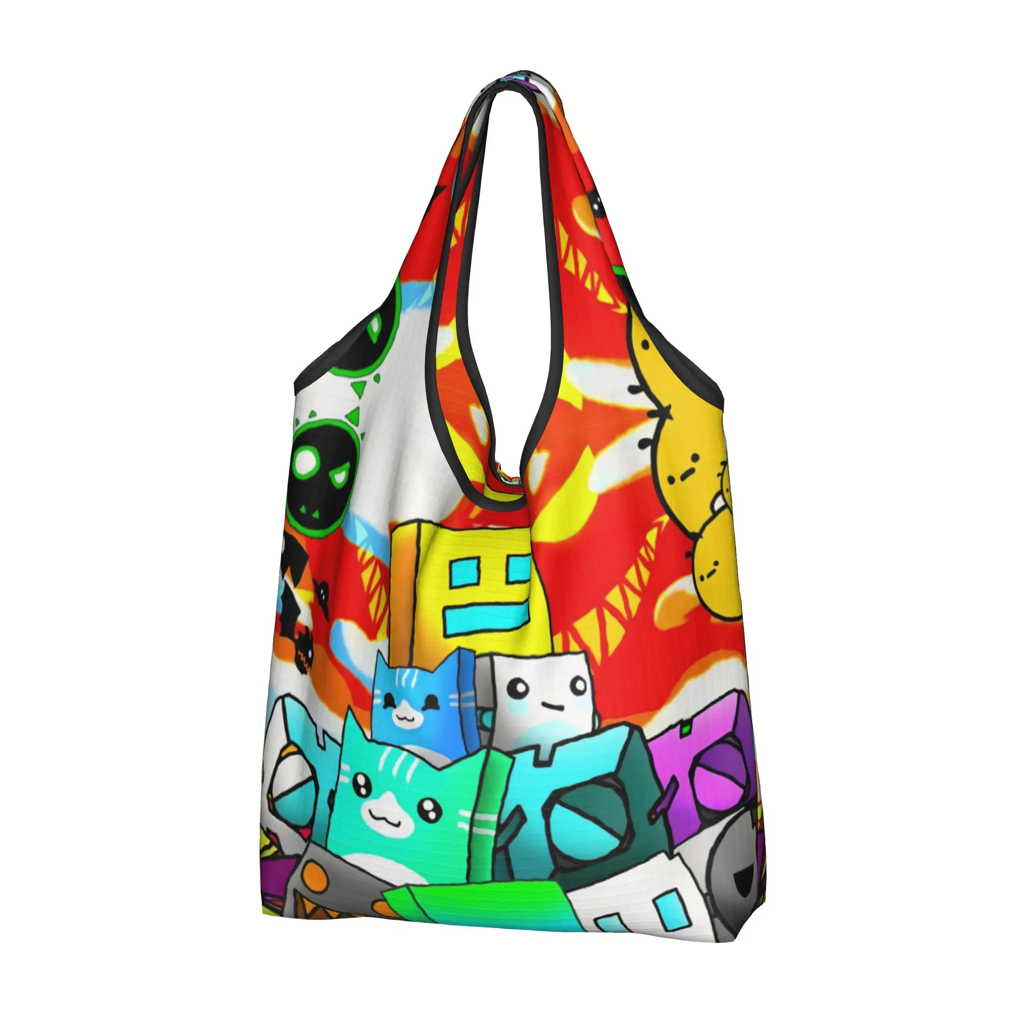 Custom Cartoon Geometry Dash Video Game  Shopping Bag Women Portable Big Capacity Groceries  Tote Shopper Bags