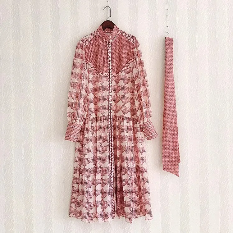 2024 Long Sve Single Button Stand Collar Open Cardigan Women's Retro Patchwork Print Belted Dr Polyester Fiber 00%