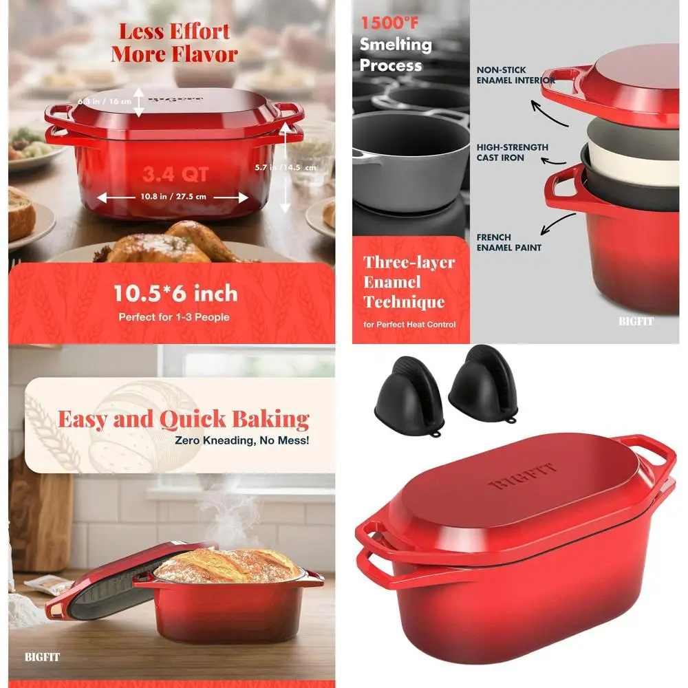 

Enameled Cast Iron Dutch Oven, 3.4QT Oval Bread Pan with Lid, Perfect for Homemade Sourdough, Cakes, and More, Red