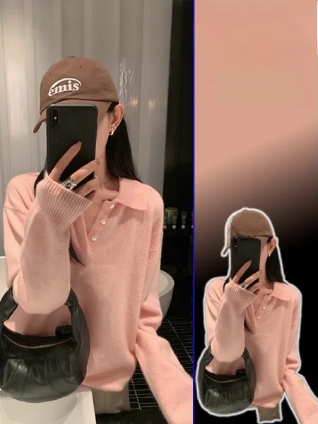 

Свободный крой, корейский стиль, трикотажный джемпер с отложным воротником, повседневный топ для женщин, весенняя мода, большие размеры, удобный, стройнящий, в стиле Lazy Sle...