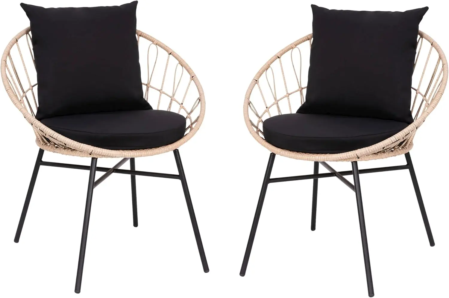 Set Van 2 Binnen/Buiten Papasan-Stijl Terrasstoelen, Met Bruine Afwerking Pe Rieten Rotantouw En Zwarte Kussens