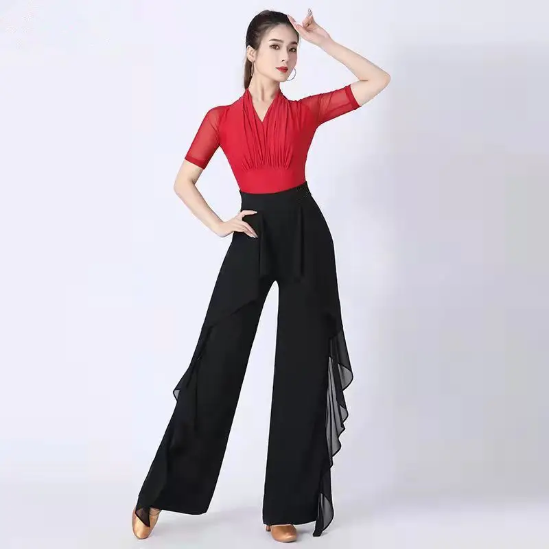 Pantalon de danse à jambes larges pour femmes, taille haute, feuille de Lotus sur le côté, sensation pendante sauvage, pantalon d'entraînement