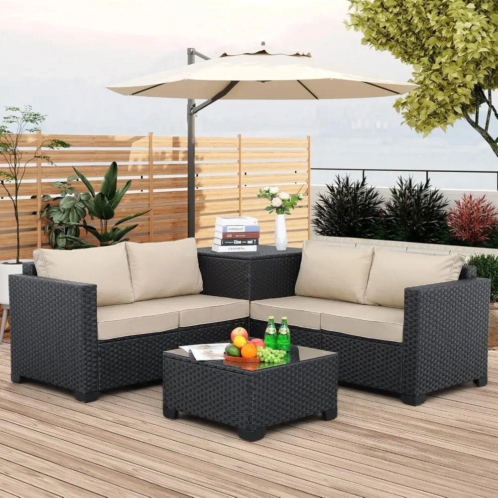 Outdoor PE Wicker Furniture Set 4 Piece Patio Black Rattan Sectional Loveseat Couch Set Conversation Sofa with Storage Box Glass