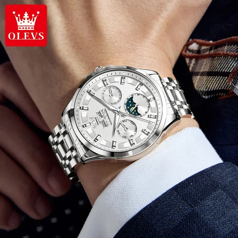 ساعة OLEVS 7070 للرجال فاخرة متعددة الوظائف لتقويم الأسبوع ومرحلة القمر للرجال جميع الساعات الميكانيكية الأوتوماتيكية