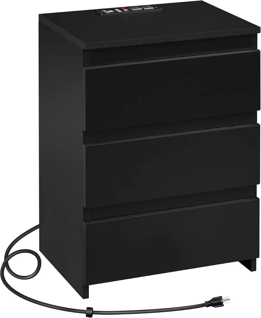 

3-Drawer Bedside Table Chest of Drawer Cabinet Unit with Storage, Black Bedside Cupboard with USB Port & Power Outlets