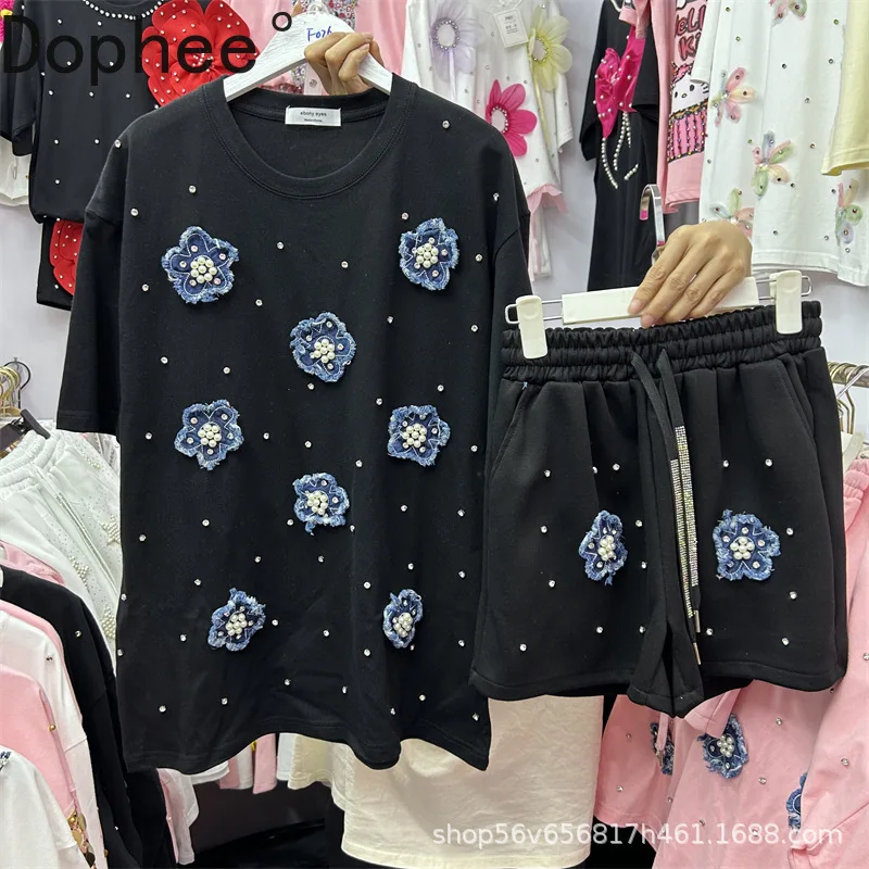 

Модный летний женский комплект из двух предметов, джинсовый пуловер с круглым вырезом и бусинами, футболка, топ + широкие шорты с эластичной резинкой на талии