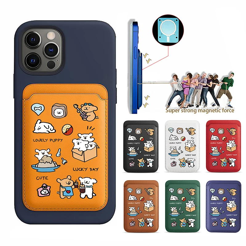 Cute line Dog Upgrade Magnetic PU Leather Wallet Case For MagSafe iPhone13 14 12 15 16Pro animal puppy Card Bag Holder Cover