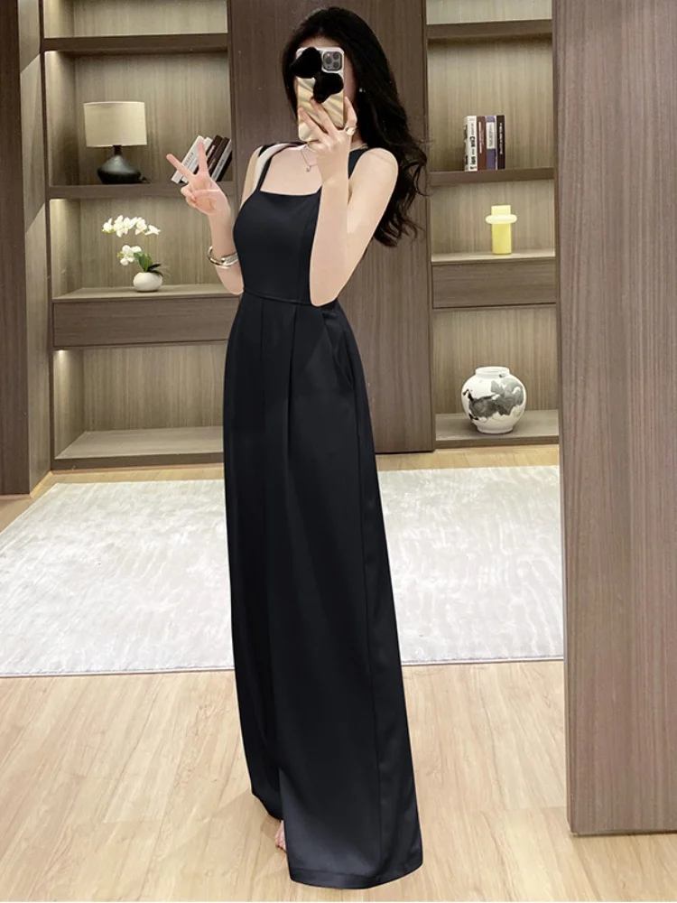 SMTHMA 2025 새로운 패션 여신 스타일 하이 엔드 여름 점프 슈트 여성의 섹시한 스파게티 스트랩 솔리드 와이드 레그 바지
