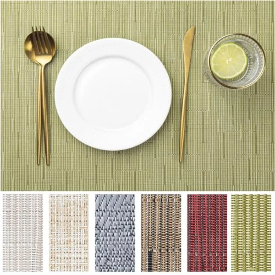 

Set of 12 Pea Green Vinyl/Plastic Woven Placemats for Kitchen Table Indoor Outdoor Washable Wipeable Dining Table Mats