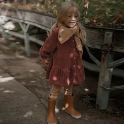 Autumn Retro Corduroy Buttons Up Long-Sleeved Dress For Girls 2026 New Children's Casual Loose Ruffled Princess Dresses TZ357