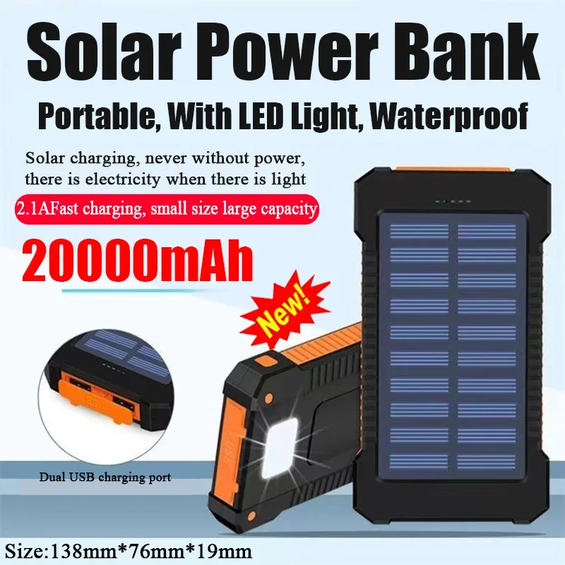 20000mAh Portable Solar Power Bank External Battery Fast Charging Waterproof Powerbank with SOS Flashlight Poverbank for Xiaomi