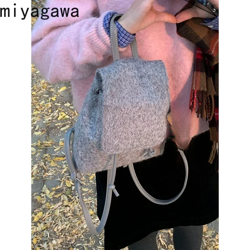 

Miyagawa Winter Woolen Bag for Women New Korean Backpack Versatile Hand-held Bucket Bags Casual Backpacks