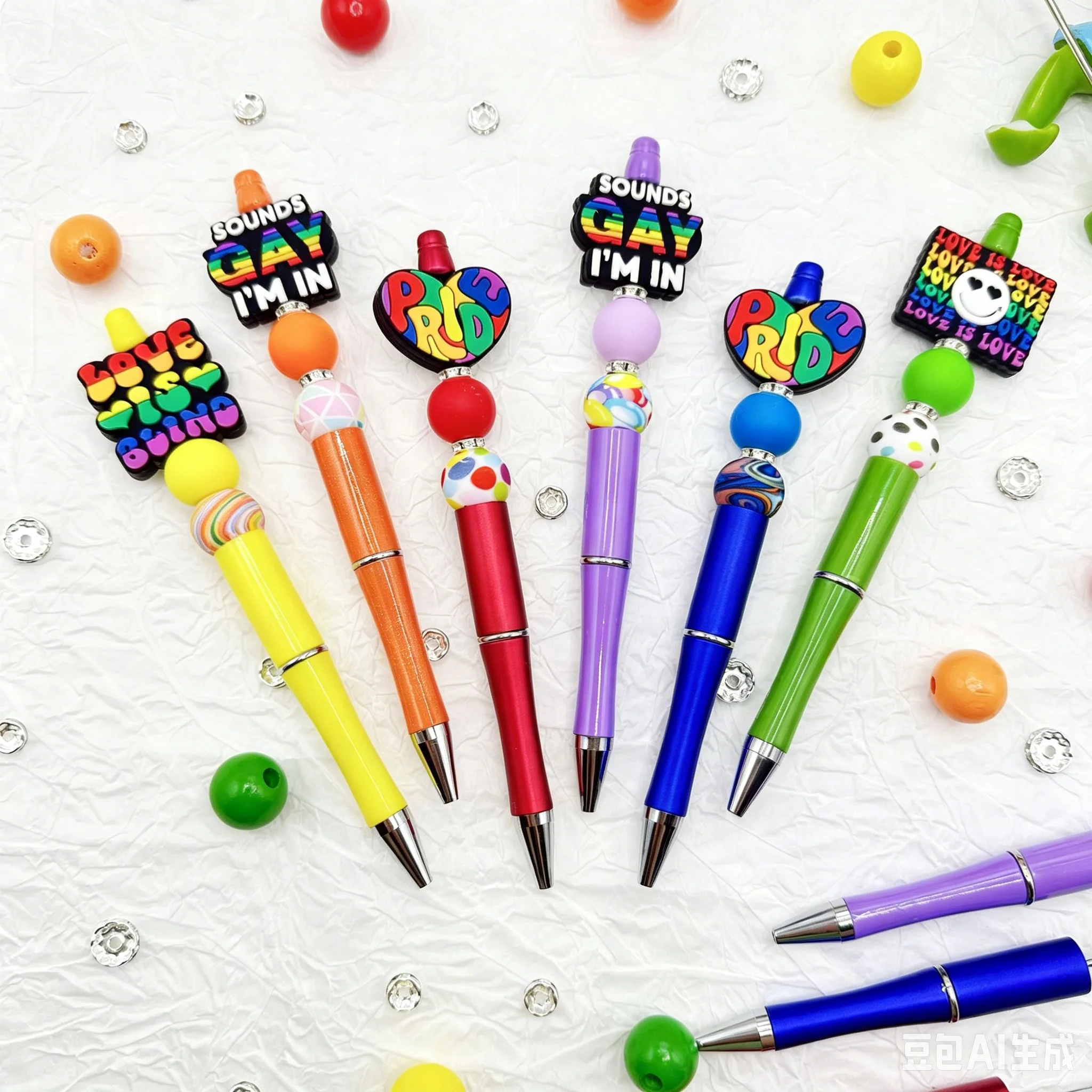 Donut Biscuit Independence Day Rainbow Theme DIY Beaded Pen Wooden Bead Set Creative Stationery Ballpoint Pen