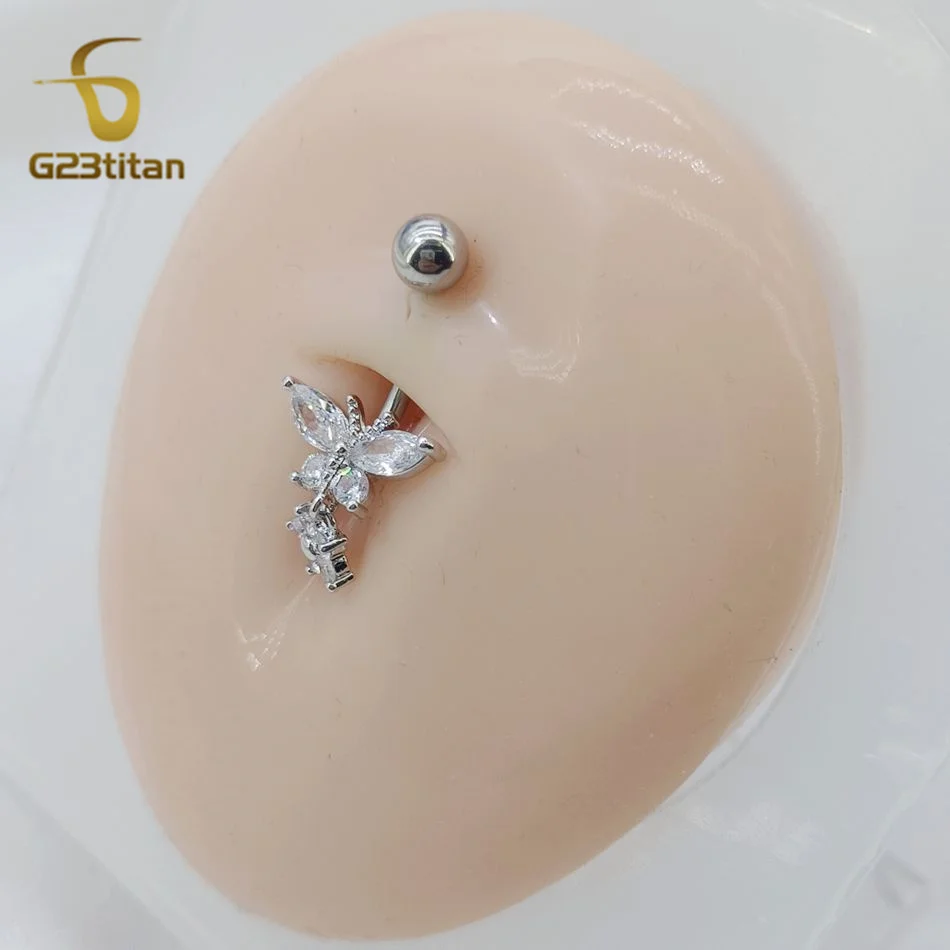 G23titan Butterfly Flower Zircon Pendant Belly Button Ring 14G Titanium Steel Barbell Piercing Body Accessories Navel Jewelry