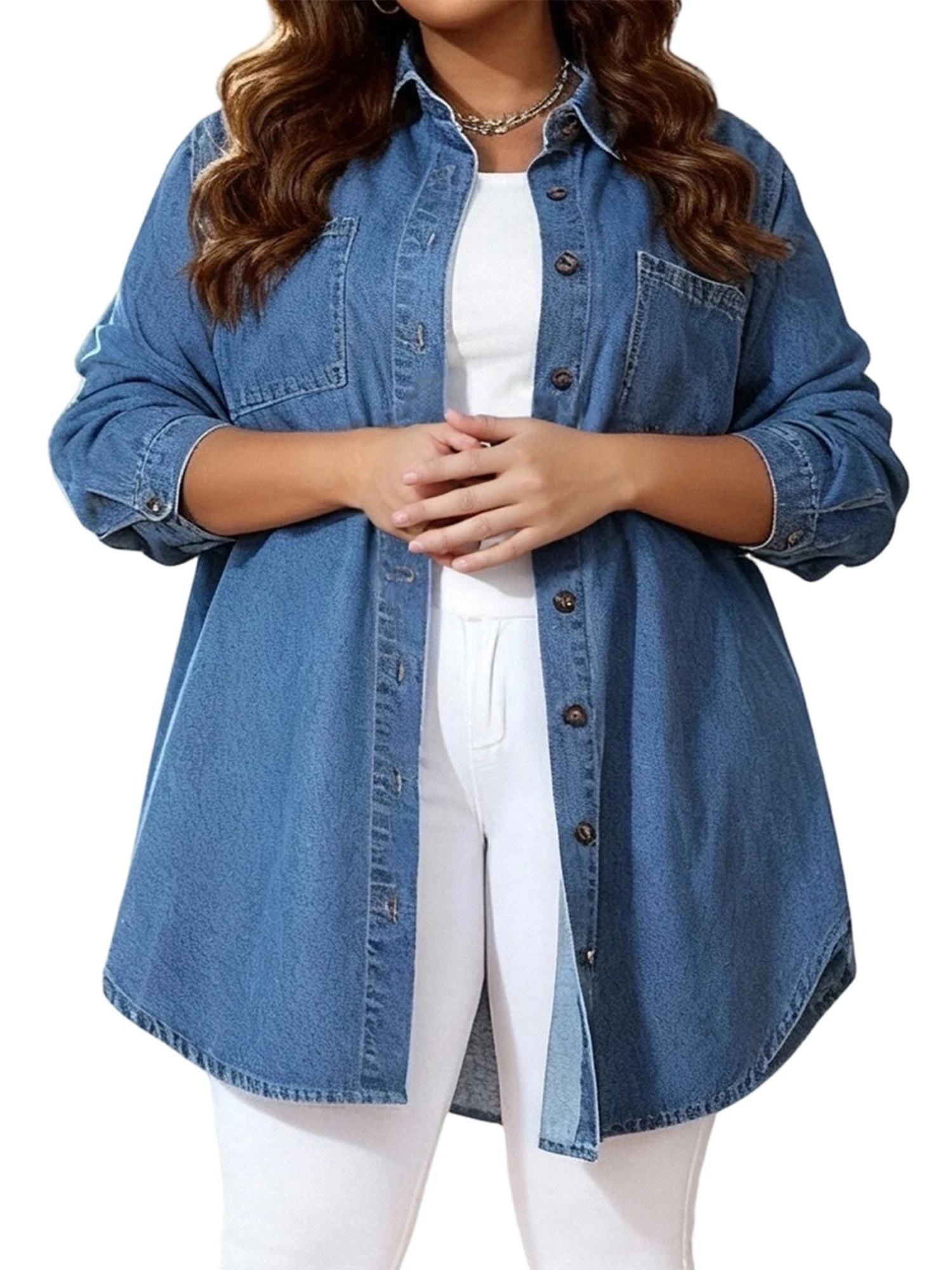

Женская джинсовая рубашка больших размеров на пуговицах, повседневные стильные однотонные топы с отложным воротником и длинными рукавами