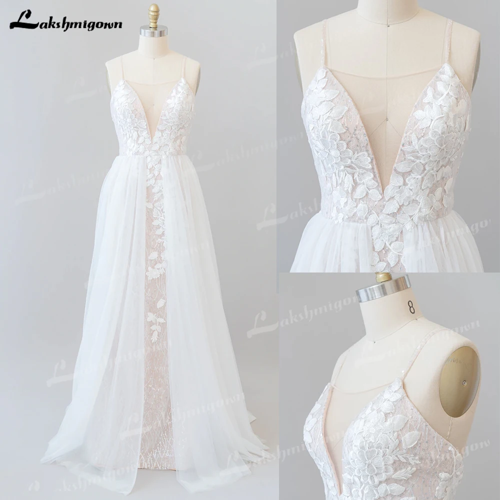 Vestido de casamento buxury 2023 personalizado laço tule chiffon mergulhando querida decote em v superior sheer com saia cachoeira vestido de noiva