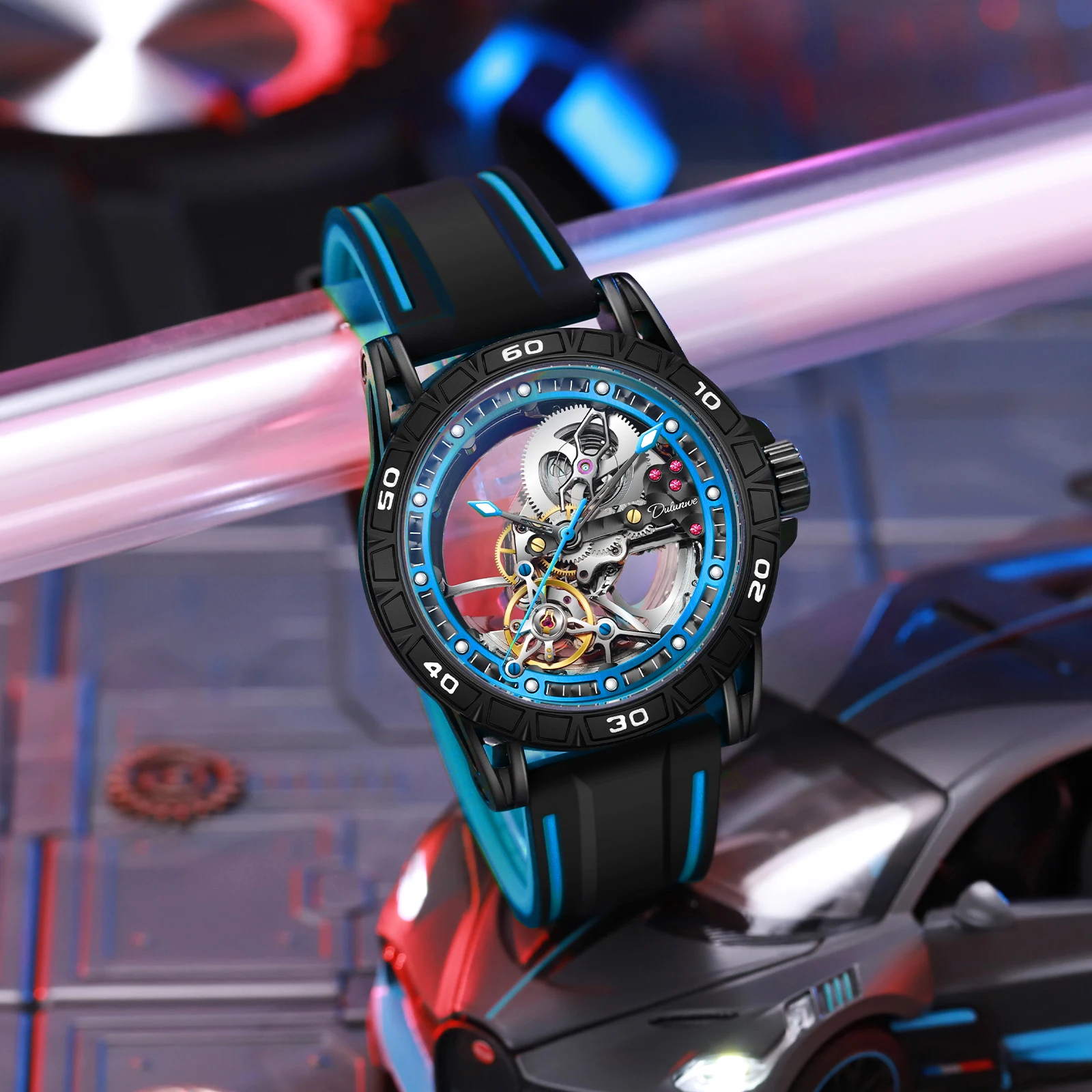 

Dulunwe мужские полые механические автоматические часы с автоподзаводом 30 м водонепроницаемые 46 мм повседневный модный бренд