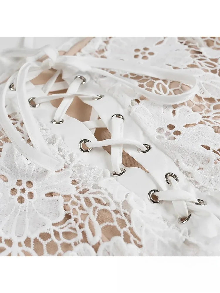 KONDALA Vintage Sexy Chic dentelle femmes robe blanc solide sans manches fermeture éclair dos fourche Cami robes mode 2025 longue robe de soirée