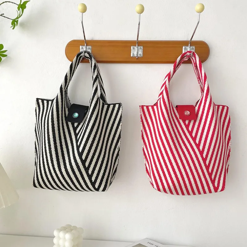 New Trendy Striped Knitted Mini Tote Bag Women Girl Casual Shoulder Bag Student Handbag Retro Canvas Bucket Bag Purse 28x18cm