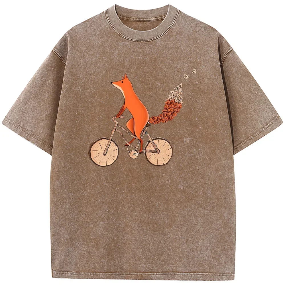 Fox Bicycle Men's Washed T-Shirt Summer Cotton Bleached Tshirt Tops Vintage Loose Casual Tees Fashion Loose Bleach T shirt
