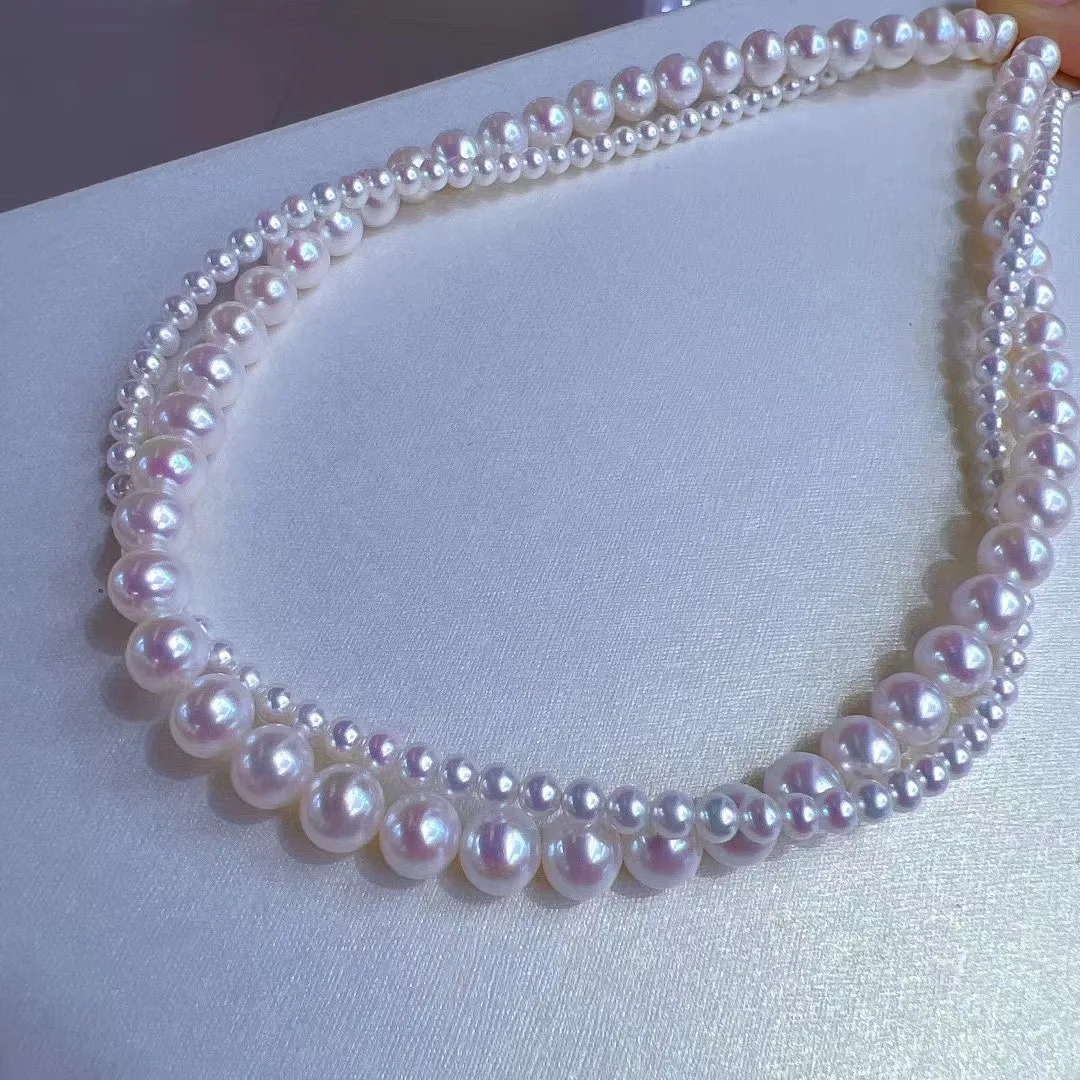 4-4.5mm & 8-9mm Natural Freshwater Double-Layer Pearl Necklace, Stackable Design 925 Silver, Elegant Layering Jewelry Gift