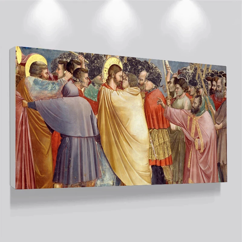 The Kiss of Judas By Giotto Di Bondon Famous Jesus Canvas Painting Poster and Print Wall Art Picture for Living Room Home Decor