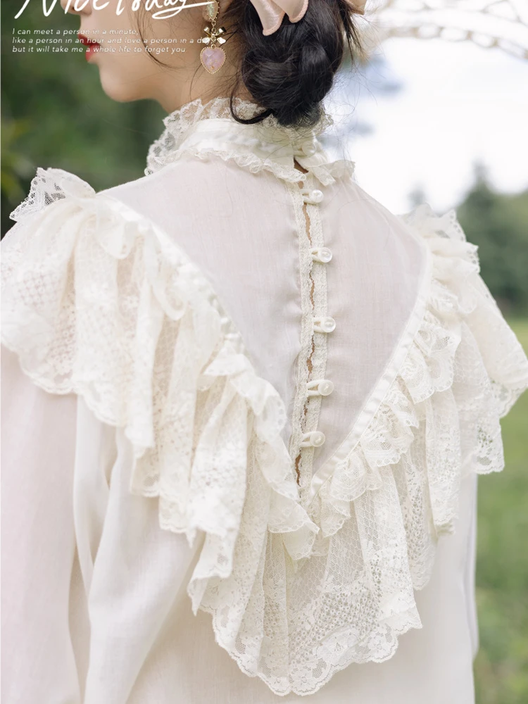 SpringSummer Shirts Tops Women Vintage Style Elegant Creamy White Lantern Sleeves Ruffle Lace Cotton Shirts/Blouses