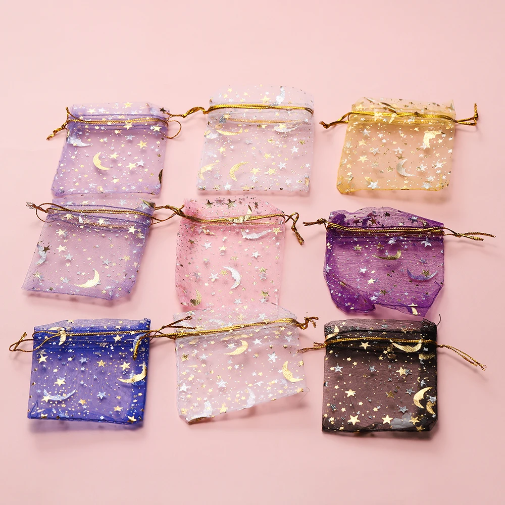 50pcs 7x9/9x12/11x16/13x18cm Printing Star Moon Christmas Organza Sack Drawstring Charm Packaging Bags Daily Jewelry Storage