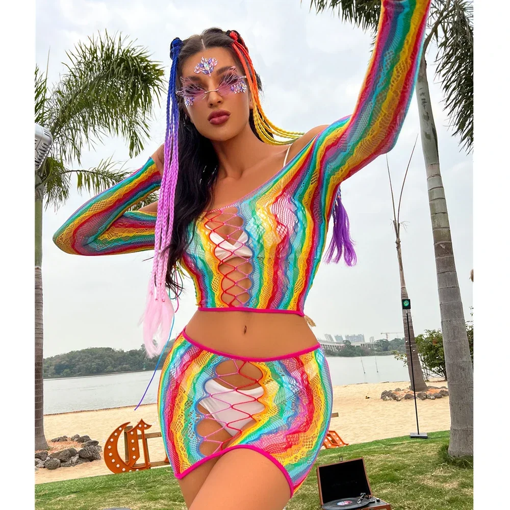 Rainbow Beach Sexy Lingerie Sexy Bodycon Dress Fishnet Clubwear Perspective Christmas Valentine's Day Women's Lingerie Dresses