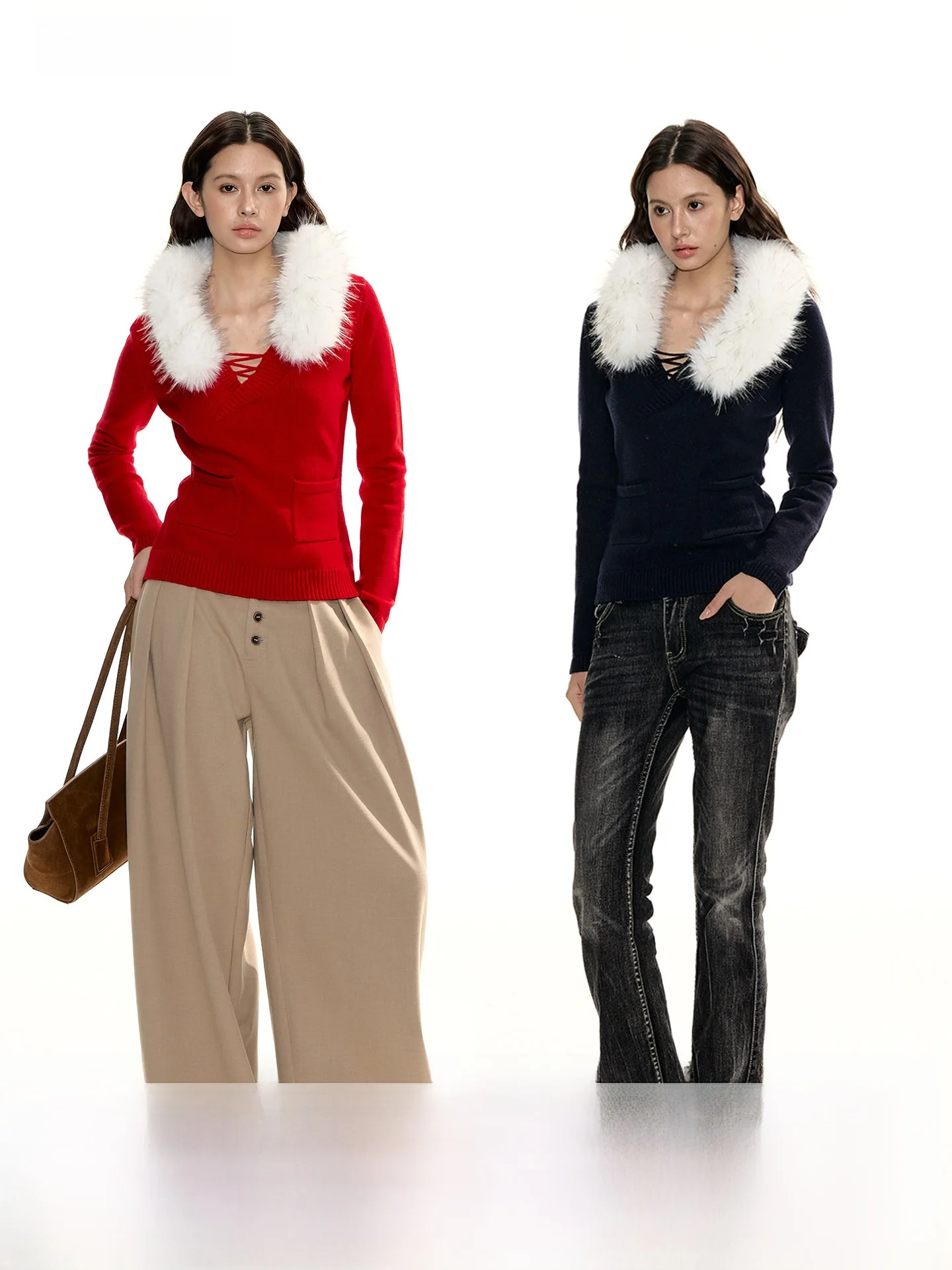 

RedBling Original Design Slim Fit Knitwear Winter New Sle Inner Wear Long Sve Sweater with Big Fur Collar for Young Women