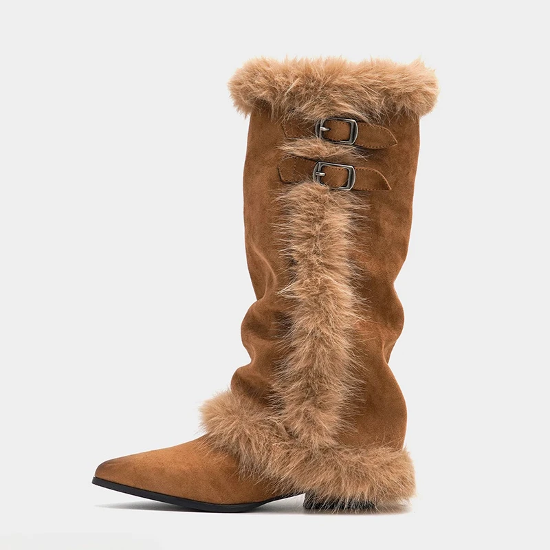 

Женские высокие сапоги на меху. Дизайнерские замшевые туфли на каблуке с острым носком. 2026. Новые зимние туфли-лодочки. Ботинки челси. Модные зимние ботинки Mujer De Botas.